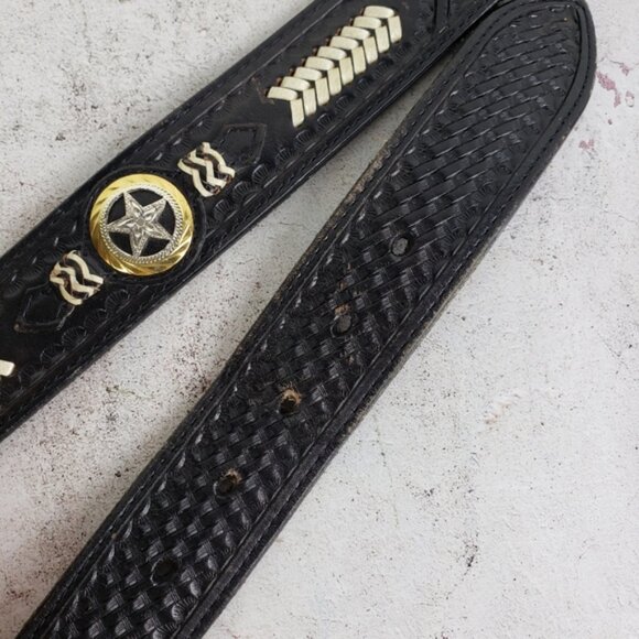 Vintage Western Bohemian Tooled Leather Belt Whipstitch Conchos size 30 main image 6